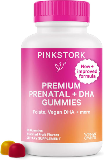 Pink Stork Premium Prenatal Gummy Vitamins With Dha, Folate, And Vitamin D - Multivitamin And Nutrient Blend For Neural Tube And Fetal Brain Development - Pregnancy Must Haves - 60 Vegan Gummies