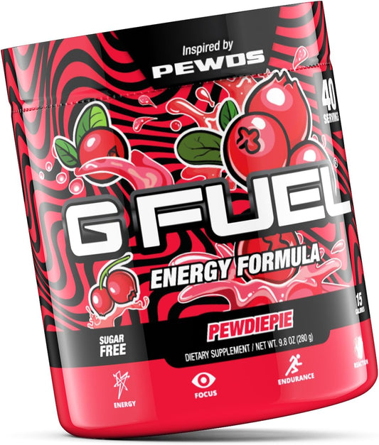 G Fuel Pewdiepie Energy Powder, Sugar Free, Clean Caffeine Focus Supplement, Water Mix, Lingonberry Flavor, Focus Amino, Vitamin + Antioxidants Blend - 9.8 Oz (40 Servings)