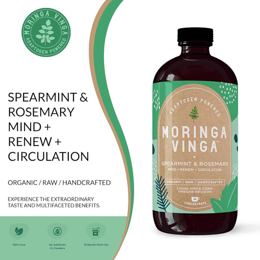 Vinga Organic Spearmint & Rosemary Infusion W/Moringa & Apple Cider Vinegar (With Mother) - Brain Focus, Memory, Hormone Balance, Digestive Support & Anti-Aging Herbal Tonic - 16 Oz