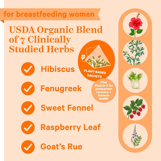 Pink Stork Organic Lactation Tea for Breast Milk Supply and Flow - Breastfeeding Support Tea with Fenugreek, Goat's Rue, Vitamin C, Nursing Essentials - 12 Sachets