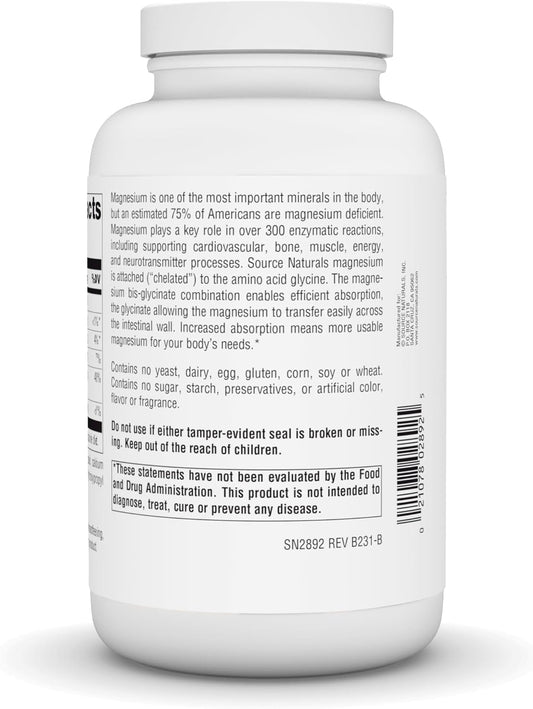 Source Naturals Magnesium Glycinate, For Calm Energy, Bone & Heart Support*, 200 Mg Per Serving - 180 Tablets