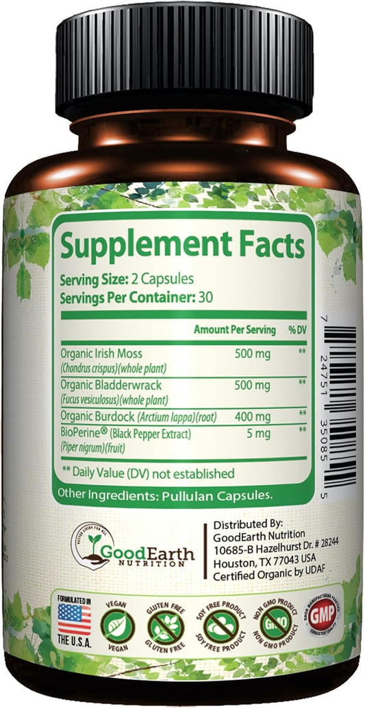 Vegan Organic Irish Sea Moss Capsules - Bladderwrack & Burdock Root Supplement - Raw & Wildcrafted Super Seamoss - Immune Support - Aids Healthy Thyroid & Skin - Helps Detoxification