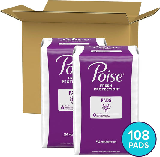 Poise Incontinence Pads & Postpartum Incontinence Pads, 4 Drop Moderate Absorbency, Long Length, 108 Count (2 Packs of 54), Packaging May Vary