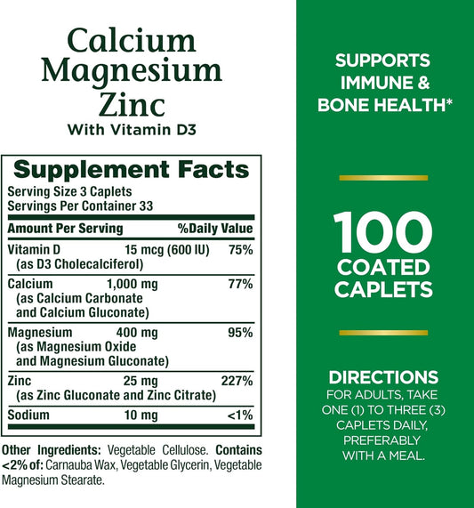 Nature'S Bounty Calcium Magnesium & Zinc Caplets, Immune & Supporting Bone Health, 100 Count