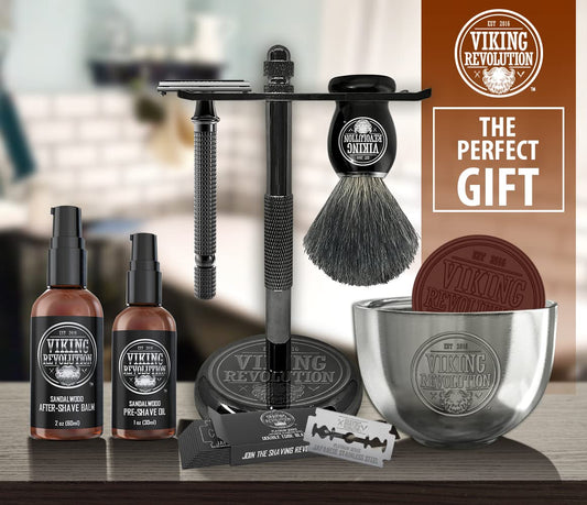 Luxury Safety Razor Shaving Kit - Includes Double Edge Safety Razor, Stand, Bowl, After-Shave Balm, Pre-Shave Oil, Badger Brush