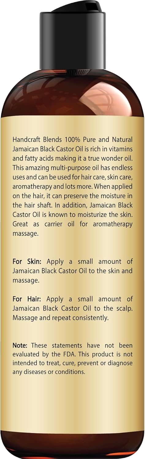 Handcraft Blends Jamaican Black Castor Oil - 8 Fl Oz - 100% Pure And Natural - Premium Grade Oil For Hair Growth, Eyelashes And Eyebrows - Carrier Oil - Hair And Body Oil