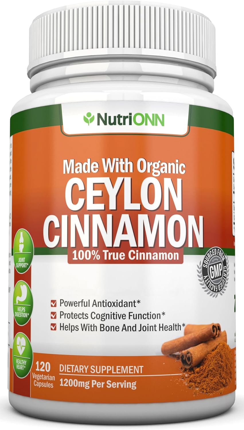 Organic Ceylon Cinnamon - 1200Mg - 120 Capsules - True Cinnamon - Powerful Antioxidant - Supports Immune Health & Heart Health - Joint & Bone Health Support