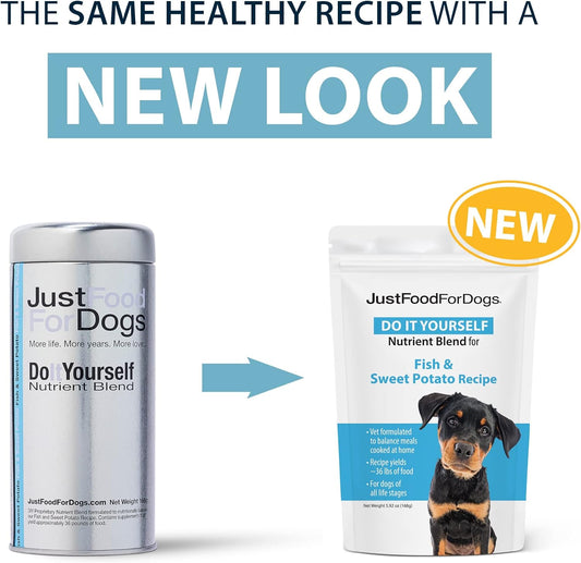 JustFoodForDogs DIY Nutrient Blend for Homemade Dog Food, Fish & Sweet Potato Recipe, 5.92oz