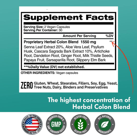 American Standard Supplements Colon Cleanse - 60 Veggie Capsules, 30 Servings – Herbal Blend With Psyllium Husk, Senna Leaves, Aloe Vera, Ginger, Cascara Sagrada & More