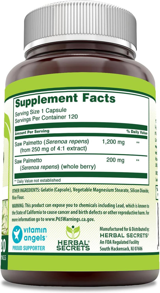 Herbal Secrets Saw Palmetto Complex Supplement | 1200 Mg | 120 Capsules | Non-Gmo | Gluten Free | Made In Usa