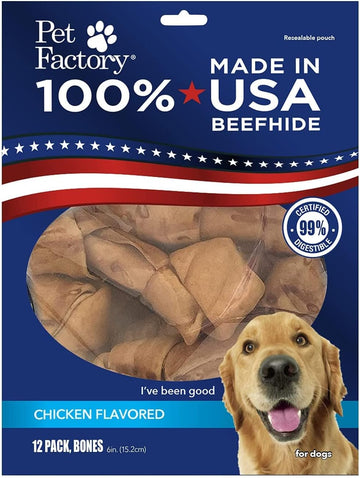 Pet Factory 100% Made In Usa Beefhide 6" Knotted Bones Dog Chew Treats - Chicken Flavor, 12 Count/1 Pack