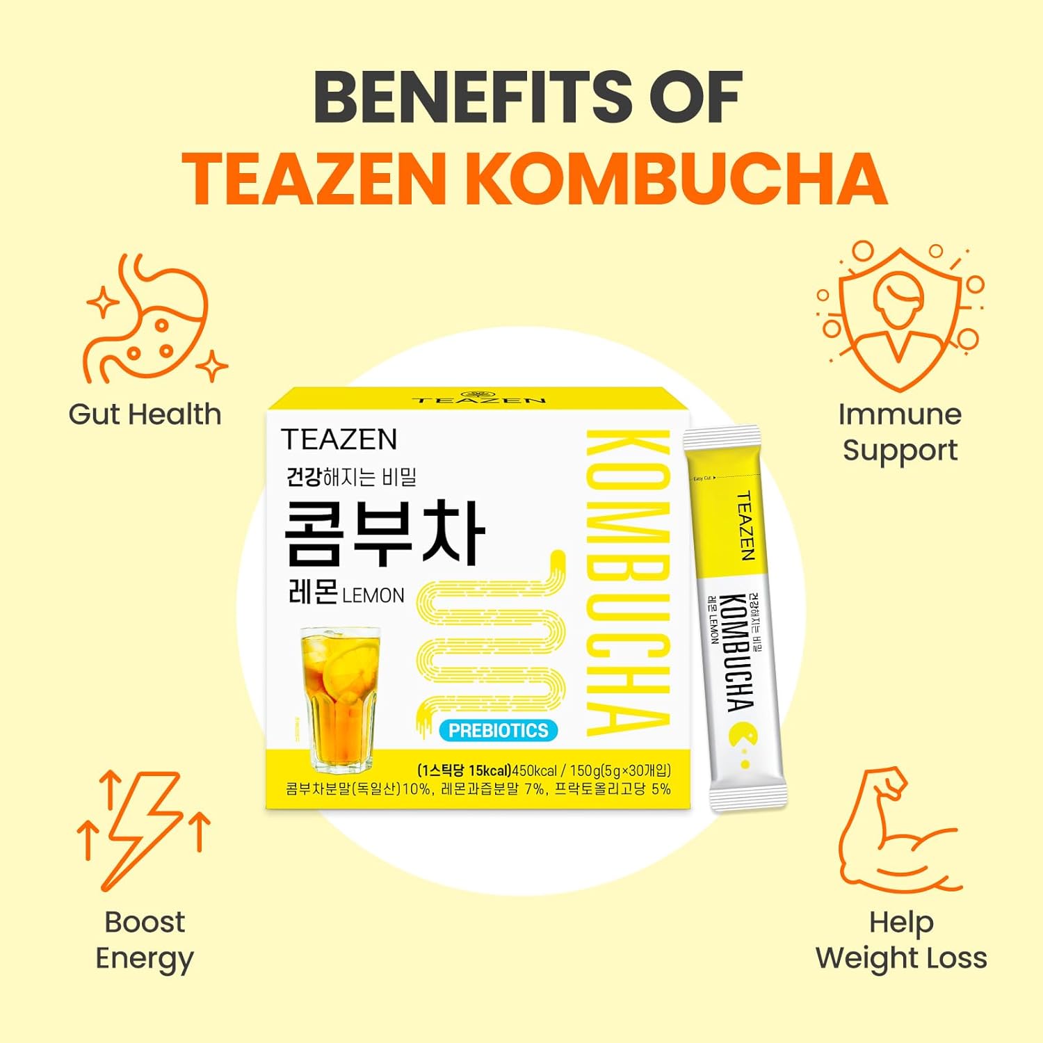 Teazen Lemon Kombucha Tea, Hydration Drink Mix, Sugar Free, Live Probiotics & Prebiotics, 30 Sticks, 5.29Oz