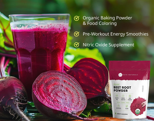 Kate Naturals Beet Root Powder Organic For Smoothie & Energy Boost. Nitric Oxide Supplement For Workout (8Oz, Earth Flavor, Mix With Juice Easily)