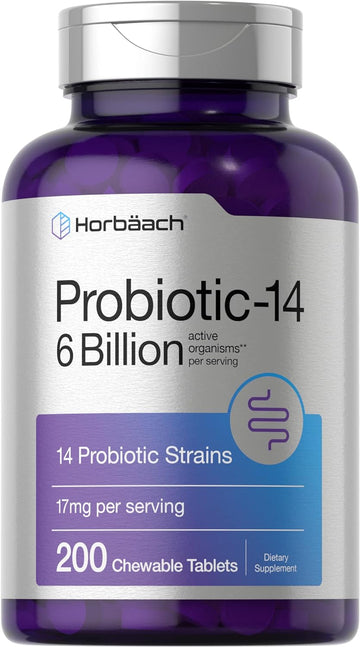 Horbach Chewable Probiotics 6 Billion CFUs | 200 Tablets | 14 Probiotic Strains | Vegetarian, Non-GMO & Gluten Free Supplement