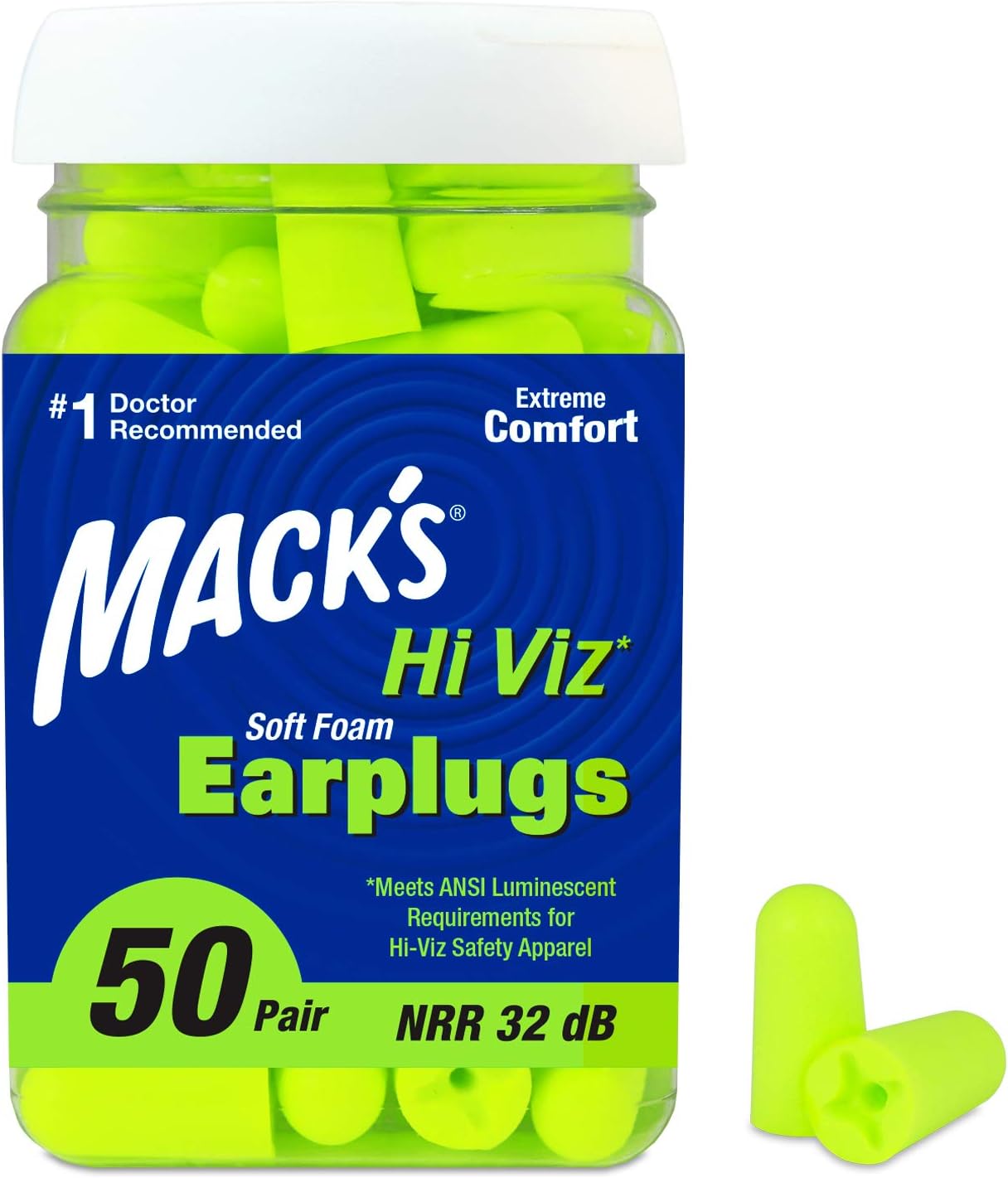 Mack?s Hi Viz Soft Foam Earplugs, 50 Pair ? Most Visible Color, Easy Compliance Checks, 32dB High NRR ? Comfortable, Safe Ear Plugs for Shop Work, Industrial Use, Motor Sports and Shooting