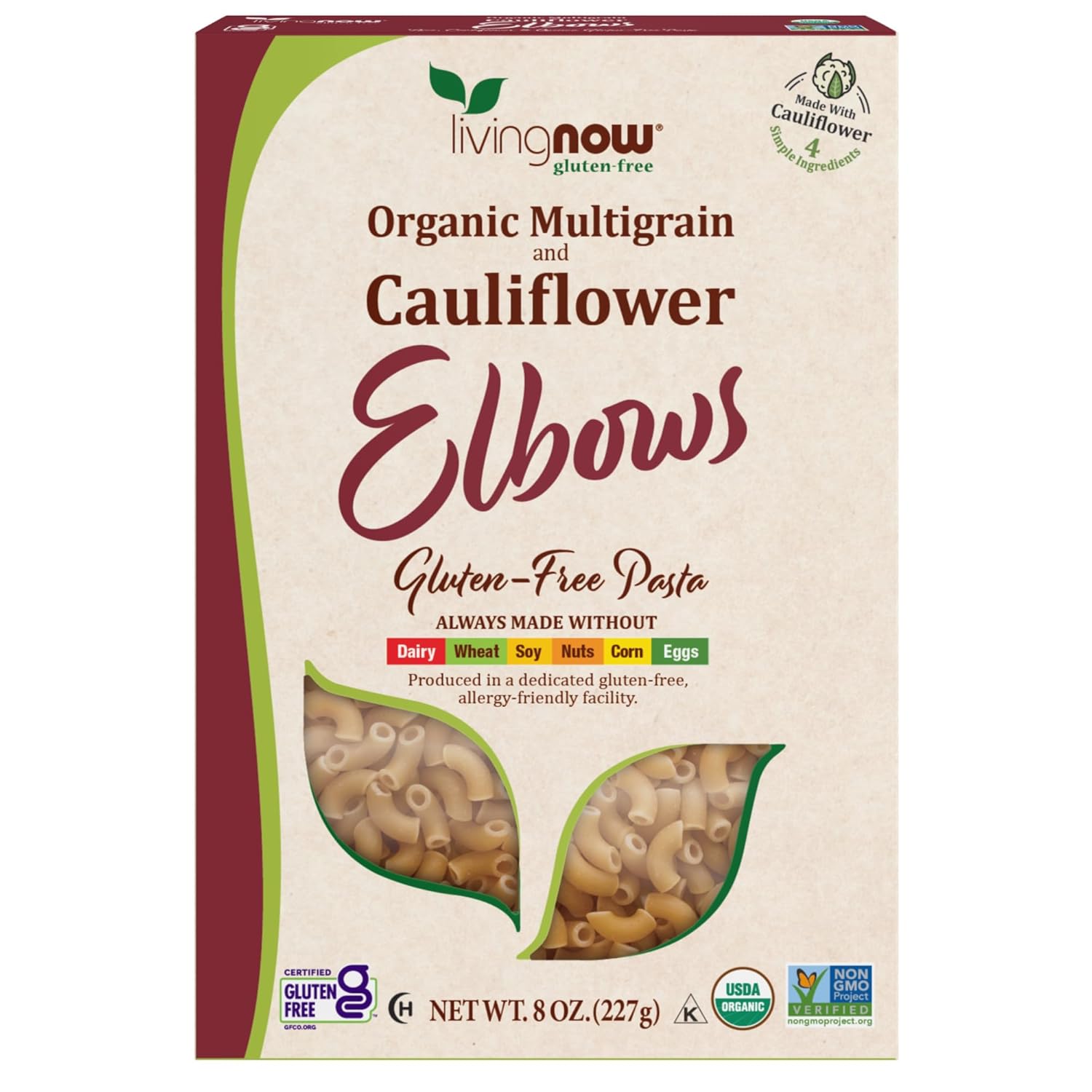 Now, Living Now, Now Natural Foods, Organic Multigrain And Cauliflower Elbows Gluten Free Pasta, Made Without Dairy, Wheat, Soy, Nuts, Corn Or Eggs, 8 Oz