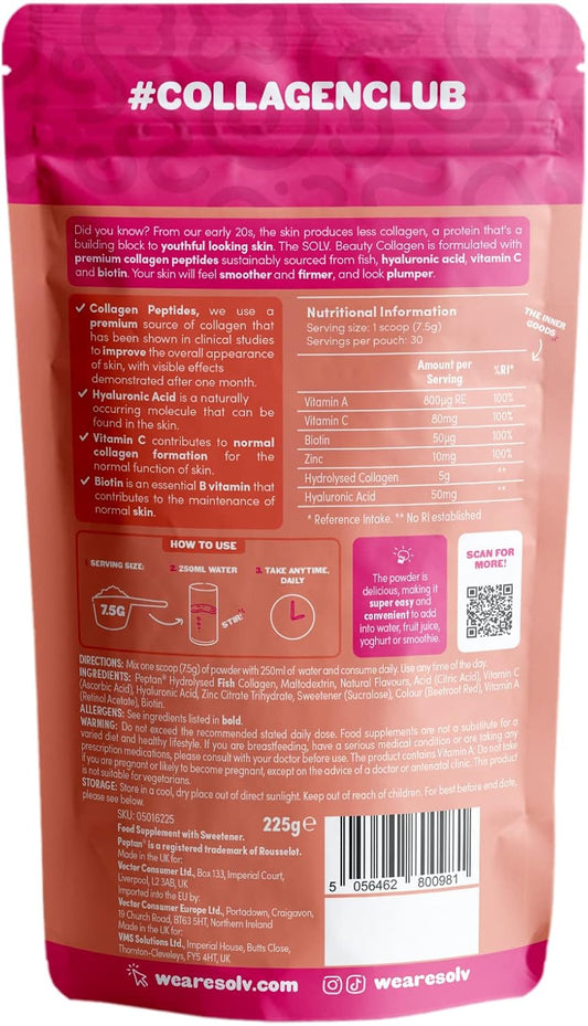 Solv Type 1 Collagen Peptides Powder 5000Mg, Pure Marine Collagen With Hyaluronic Acid, Biotin Hydrolyzed Collagen Supplements -Peach & Raspberry (30 Servings), Skin Hair Nail Support Supplements