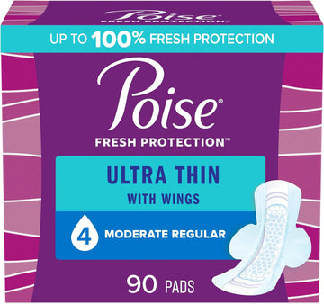 Poise Ultra Thin Incontinence Pads with Wings & Postpartum Incontinence Pads, 4 Drop Moderate Absorbency, Regular Length, 90 Count (3 Packs of 30), Packaging May Vary