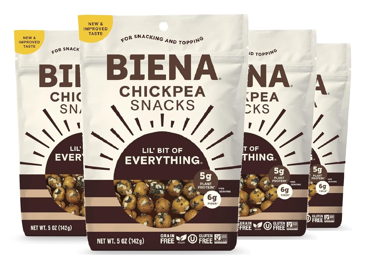 Biena Crispy Roasted Chickpea Snacks, Lil’ Bit of Everything, High Protein Snacks, High Fiber Snacks, Gluten Free, Plant-Based, Non-GMO, Healthy Snacks for Adults and Kids, 4-Pack 5 Ounce Bags