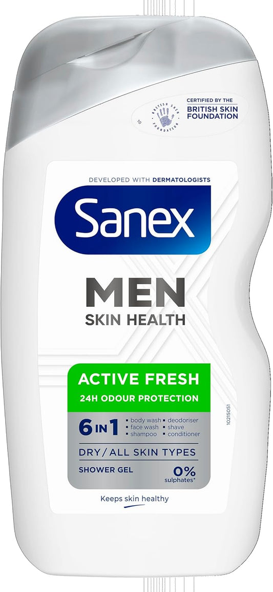 Sanex Men Skin Health Active Fresh Shower Gel 400ml X 6- Dry Skin Body Wash For Men - Controls Body Odour For 24 Hours - Deeply Hydrates - 6-in-1 Benefits - Dermatologically Tested - 0% Sulphates* : Amazon.co.uk: Beauty