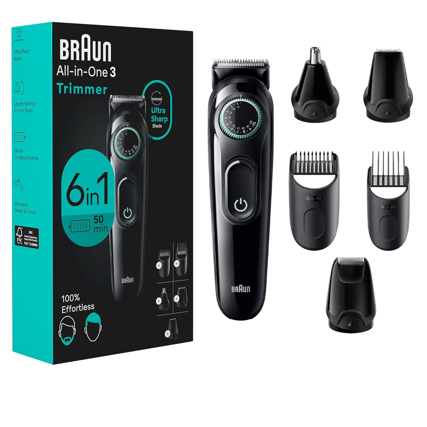 Braun All-In-One Style Kit Series 3 3460, 6-In-1 Trimmer For Men With Beard Trimmer, Ear & Nose Trimmer, Hair Clippers & More, Ultra-Sharp Blade, 40 Length Settings, Washable