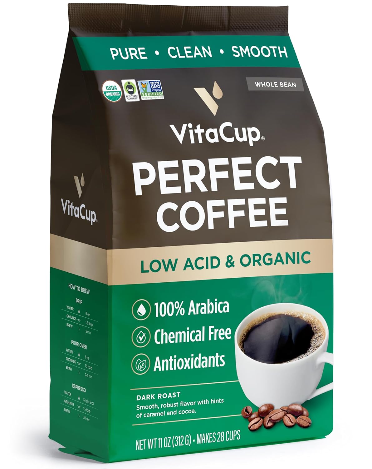 Vitacup Perfect Low Acid Coffee Beans, Usda Organic & Fair Trade, Mycotoxin Free, Dark Roast Guatemala Single Origin, Clean & Pure, Low Acidity, Whole Bean Coffee, 11 Ounces