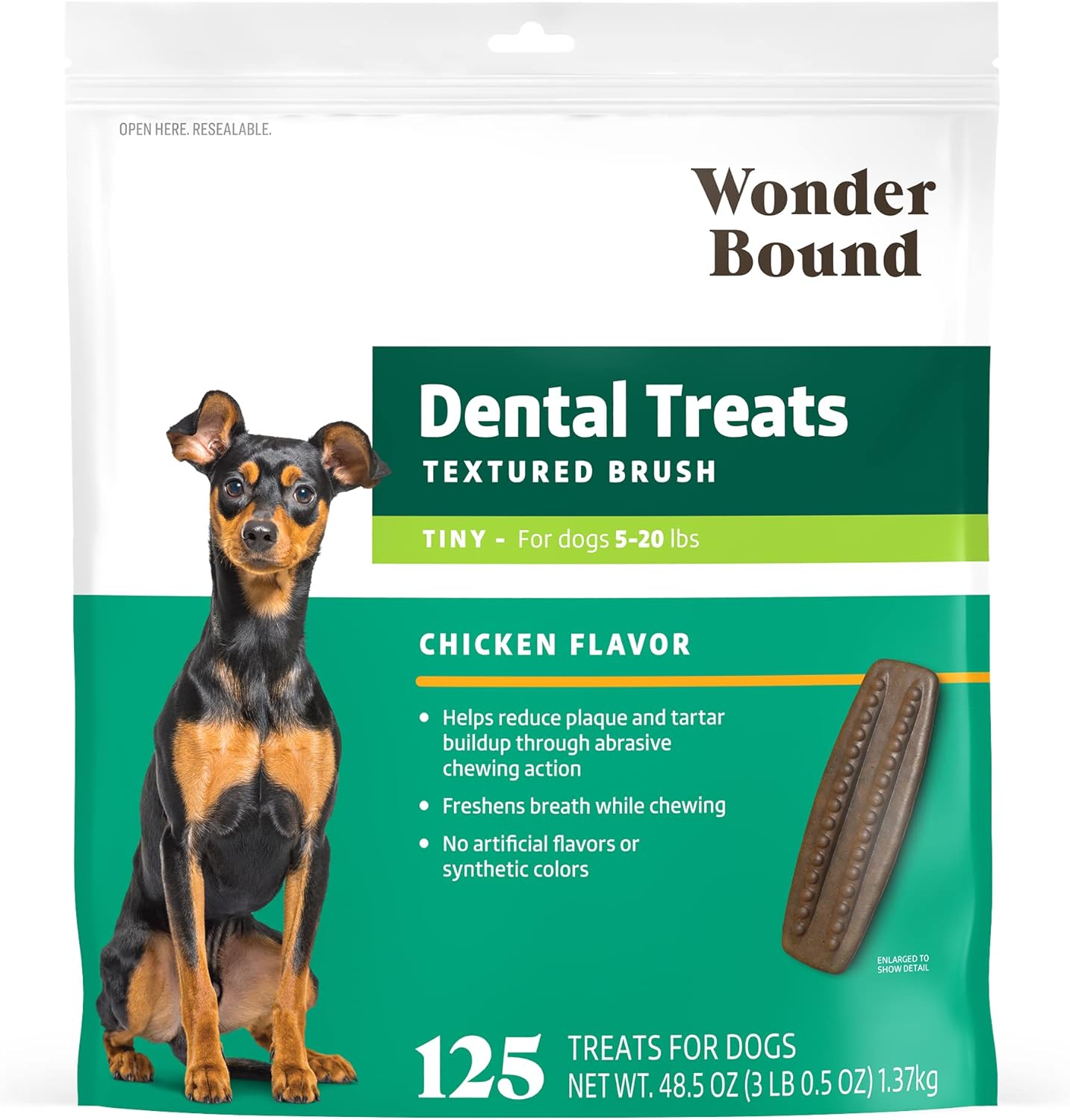 Amazon Brand - Wonder Bound Dog Dental Treats for Tiny Dogs (5-15 lbs), Real Chicken Flavor, Nubbed Texture for Plaque & Tartar Control, Freshens Breath While Chewing, 125 Count