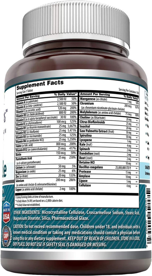 Amazing Formulas Men's One Multiple 150 Tablets | Multivitamin Supplement for Men | Perfect Blend of Vitamins, Minerals, 25 Million CFU Probiotics & More | Made in USA