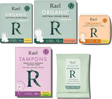 Rael Period Value Pack - Regular Pad (16 Count), Overnight (12 Count), Regular Liners (20 Count), Ph Balanced Feminine Wipes (10 Count) & Bpa-Free Slim Applicator Tampons (Regular & Super, 40 Count)