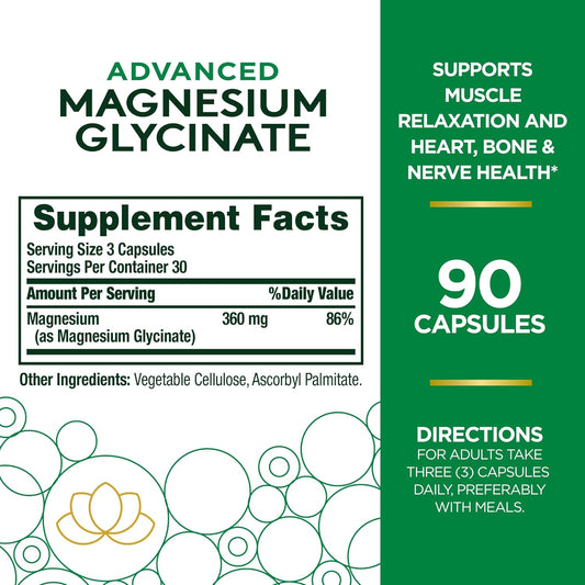Nature'S Bounty High Absorption Magnesium Glycinate, Supports A Calm & Relaxed Mood, Heart, Nerves, Muscle & Bone Health Support, 90 Capsules