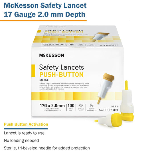 McKesson Safety Lancet, Retractable, Push Button Activation - Ideal for Blood Testing - Sterile, Single Use, 17 Gauge, 2.0mm Depth, 100 Count, 1 Pack