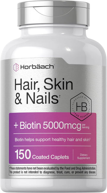 Horbäach Hair Skin And Nails Vitamins | 150 Caplets | With Biotin And Collagen | Supplement For Women And Men | Non-Gmo, Gluten Free