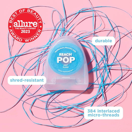 REACH POP Dental Floss | Vegan Wax & PFAS-Free | Durable & Shred Resistant | Slides Smoothly & Easily | Effective Plaque Removal | Blue Color Floss | Mint, 54.7 YD