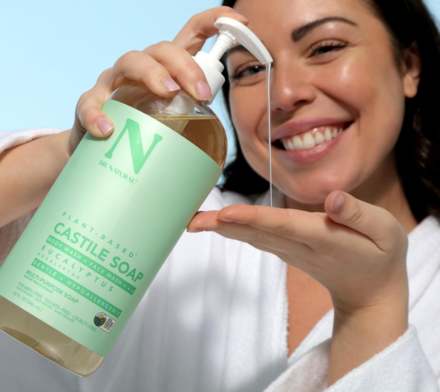 Dr. Natural Castile Liquid Soap - Multi-Use Body Wash, Shampoo And Face Wash - Hydrating Body Soap For Skin, Hair, Pets And Home - Eucalyptus - 32 Oz