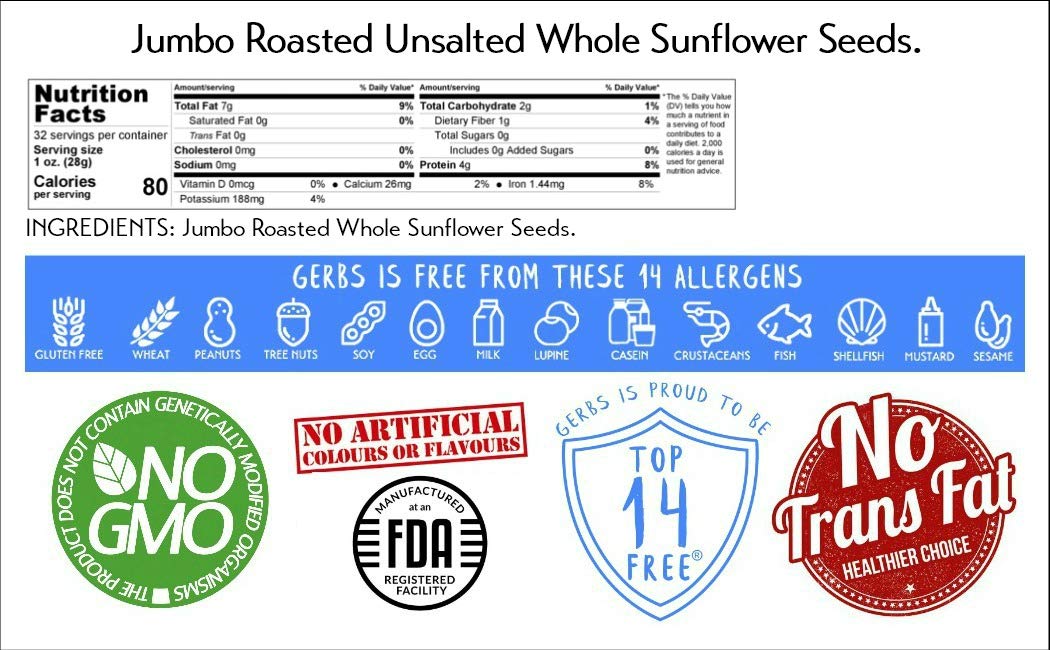 Jumbo Unsalted Sunflower Seeds In Shell by Gerbs – 2 LBS - Top 14 Food Allergen Free & NON GMO - Premium Dry Roasted Whole Sunflower Seed : Grocery & Gourmet Food