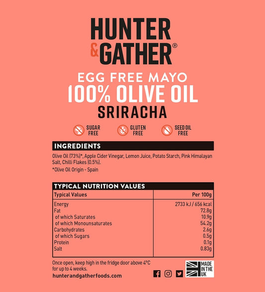 Product Image Hunter & Gather 100% Olive Oil Egg Free Sriracha Mayo 250G - Seed Oil Free - Keto & Vegan Friendly - No Added Sugar, Gluten & Soy Free