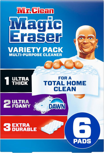 Mr. Clean Magic Eraser Variety Pack With Ultra Thick, Ultra Foamy, And Extra Durable Multi Purpose Cleaner, Magic Eraser Sponge Multi Surface Cleaner, 6Ct