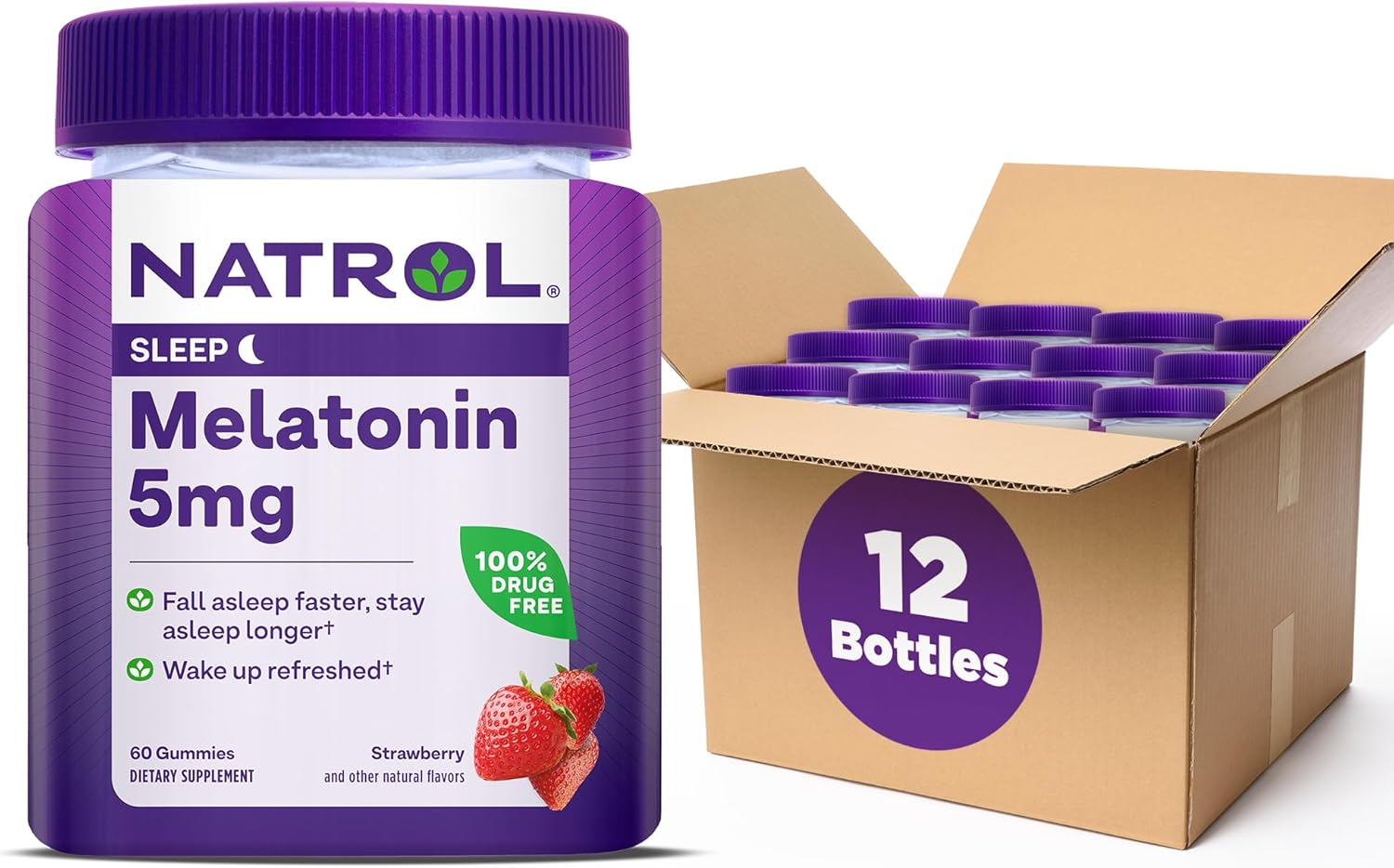 Natrol 5Mg Melatonin Gummies, Sleep Support For Adults, Melatonin Supplements For Sleeping, 60 Strawberry-Flavored Gummies, 30 Day Supply (Pack Of 12)