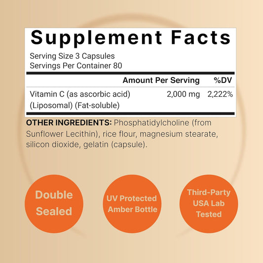 Naturebell Liposomal Vitamin C 2,000Mg Per Serving, 240 Capsules | High Absorption Fat-Soluble Vitamins – Immune Support – Collagen Booster – Antioxidant Supplement – Non-Gmo