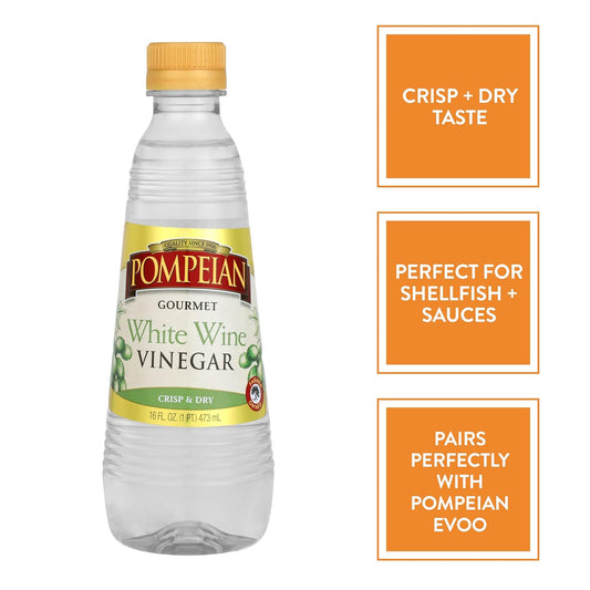 Pompeian Gourmet White Wine Vinegar, Bright & Fresh Flavor, Perfect For Salad Dressings, Shellfish & Sauces, 16 Fl. Oz., Pack Of 6