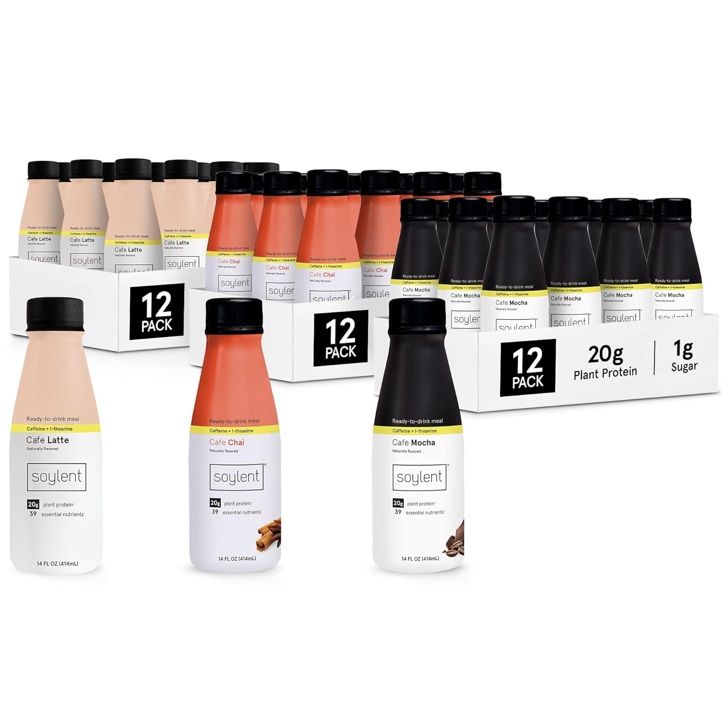 Soylent Meal Replacement Shake Cafe Variety Bundle - Cafe Mocha, Cafe Chai And Cafe Latte Flavors - 3 12-Packs Of 14 Oz Bottles - 36 Total