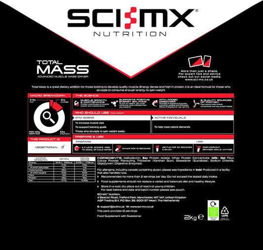 Sci-Mx Total Mass - Advanced Muscle Mass Gainer Protein Powder - Muscle Growth & Weight Gain - Chocolate • 32G Protein + 478 Calories Per Serving • 2Kg