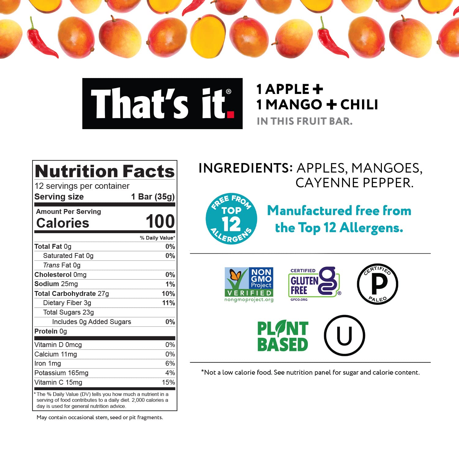 That'S It. Apple+Mango+Chili 100% Natural Great Tasting Real Dried Fruit Bar, Vegan, Gluten Free, Paleo, Kosher, Non Gmo, No Preservatives, No Added Sugar (12 Packs)