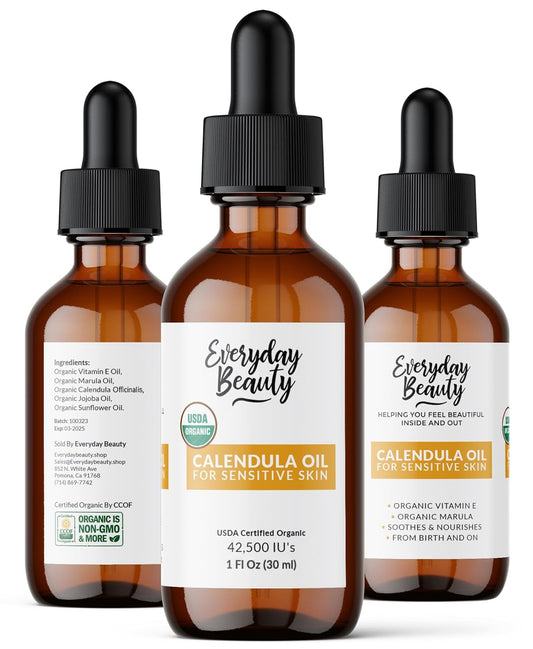 Organic Calendula Oil For Sensitive Skin -Bulk 8 Fl Oz- Usda Organic Certified 100% All Natural Plant Based, Lightweight & Unscented Gentle Soothing Oil For Sensitive Skin - For Face, Skin & All Over