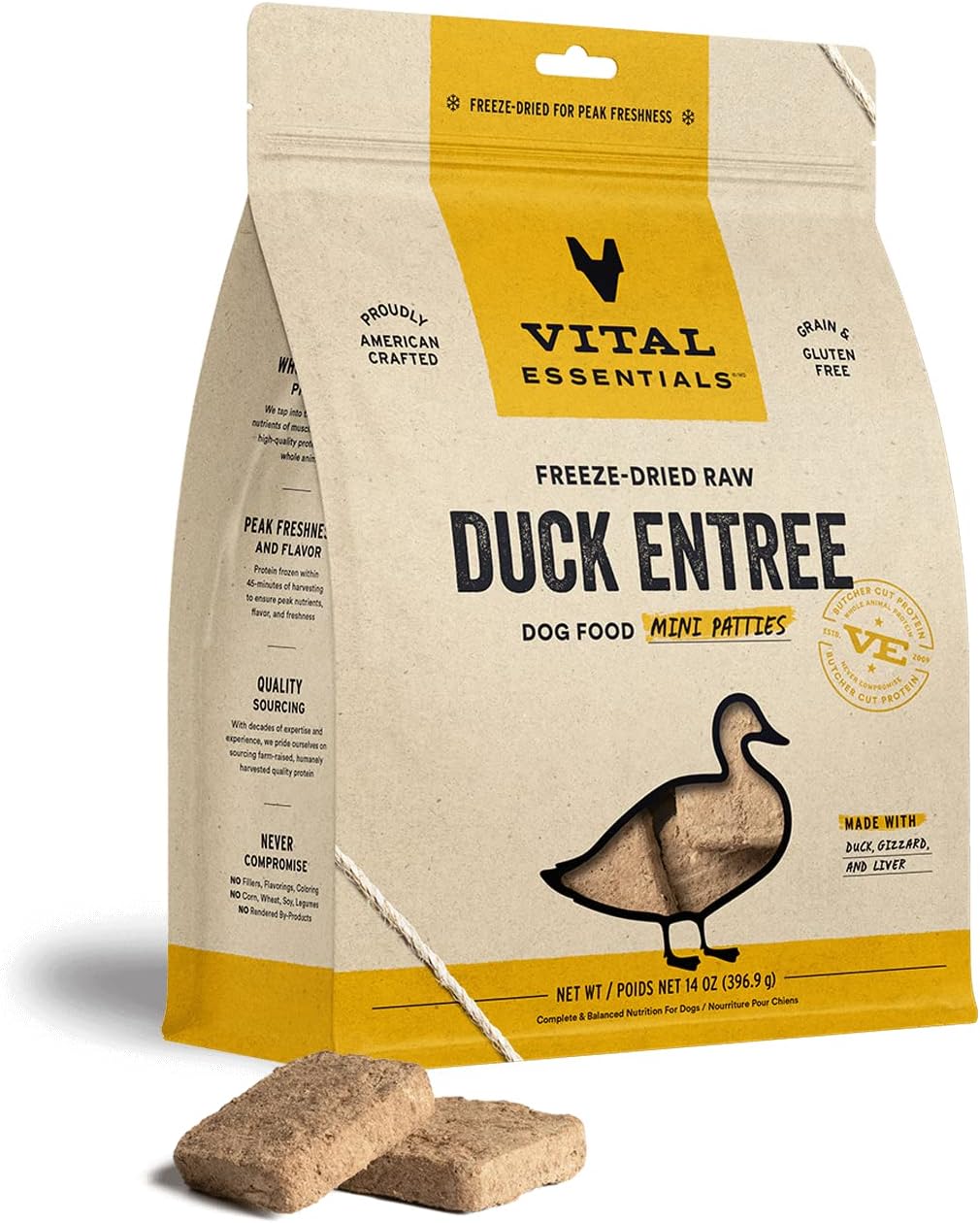 Vital Essentials Freeze Dried Raw Dog Food, Duck Mini Patties Entree, 14 Oz