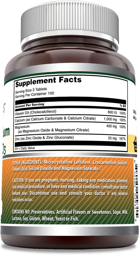 Amazing Formulas Calcium Magnesium Zinc D3 - 300 Tablets Per Bottle Supplement (Calcium 1000mg - Magnesium 400mg - Zinc 25mg Plus Vitamin D3 600 IU - Per Serving of 3 Tablets)