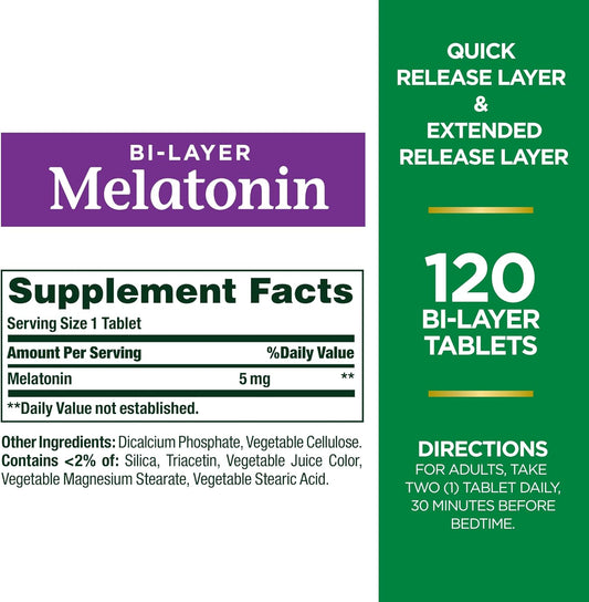 Nature'S Bounty Melatonin 5Mg Dual Spectrum, 100% Drug Free Sleep Supplement, Quick Release And Extended Release, Promotes Relaxation And Sleep Health, 120 Bi-Layer Tablets