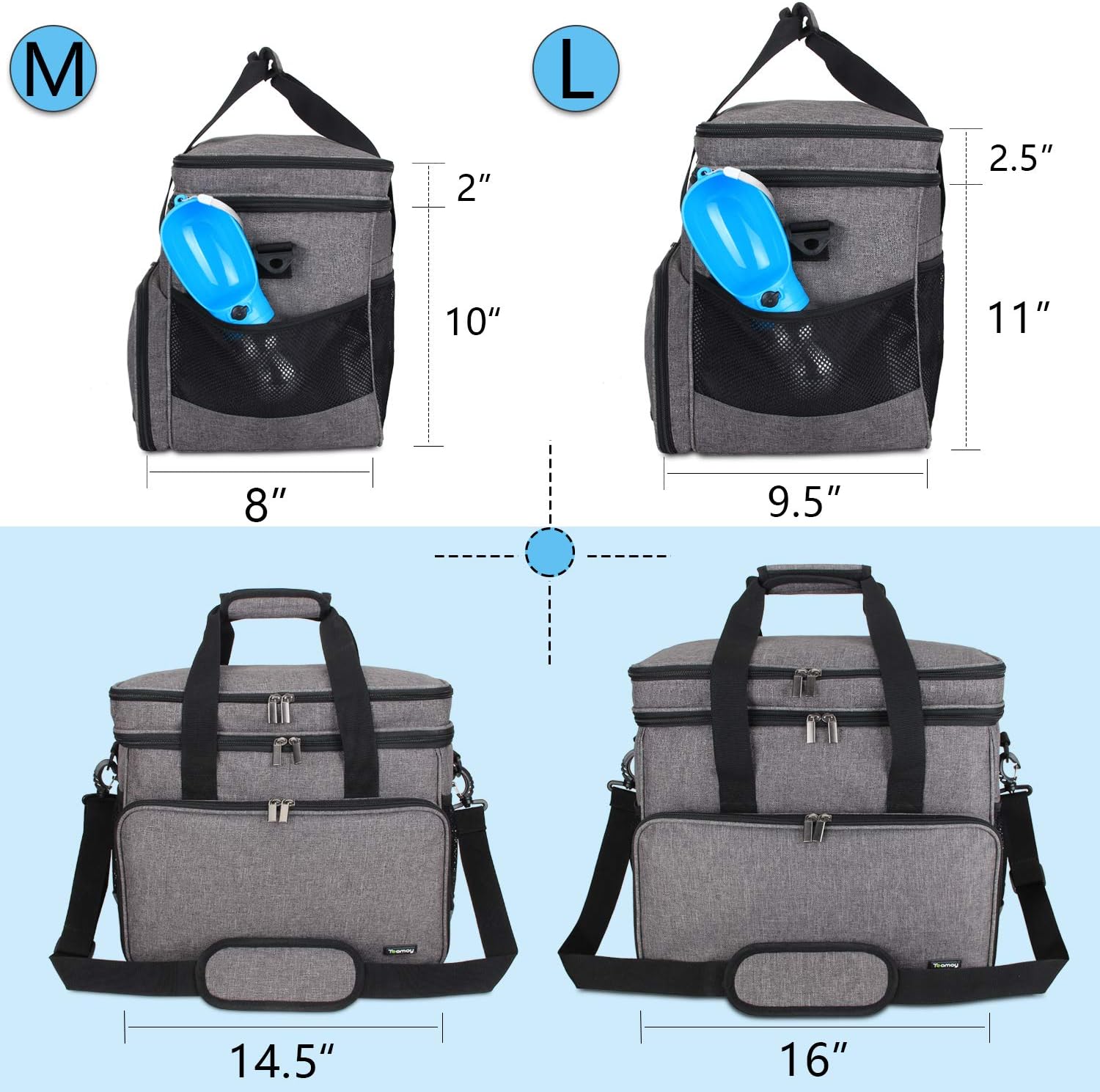 Teamoy Double Layer Dog Travel Bag, Dog Bag For Supplies With 2 Silicone Collapsible Bowls, 2 Food Carriers, 1 Water-Resistant Placemat, Pet Supplies Weekend Tote Organizer (Large, Gray)