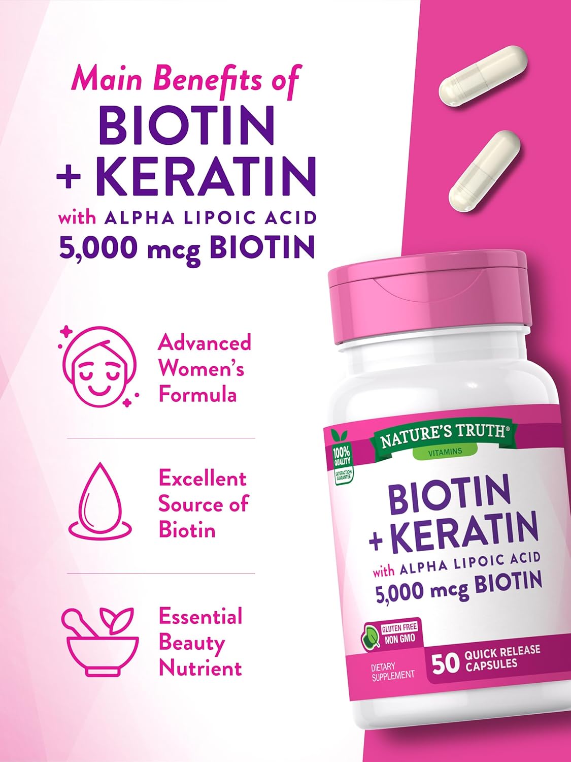 Biotin 5000 mcg | 50 Capsules | With Keratin and Alpha Lipoic Acid | Non-GMO & Gluten Free Supplement | by Nature's Truth : Health & Household