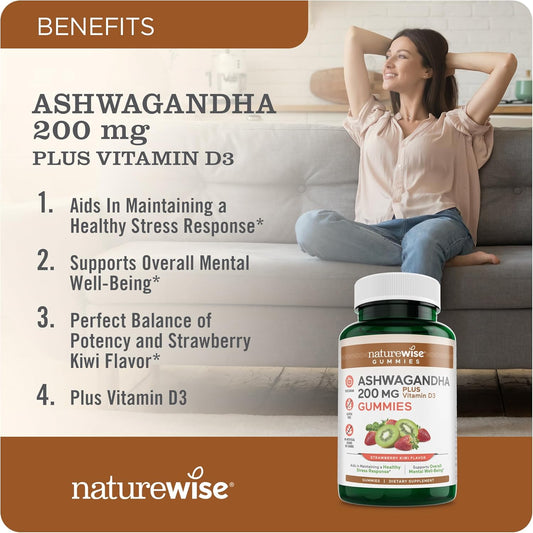 Naturewise Ashwagandha Gummies - Strawberry Kiwi - Ksm-66 Ashwagandha With Vitamin D3 - Calming Mood Support - Vegetarian - Non-Gmo, Gelatin And Gluten Free - 60 Count[1-Month Supply]